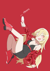 Rule 34 | 1girl, belt, black dress, blonde hair, blush stickers, boots, breasts, cleavage, closed eyes, cup, dress, drinking glass, fang, full body, highres, holding, holding cup, jacket, medium breasts, nail polish, nijisanji, nui sociere, open mouth, red background, red footwear, red jacket, red nails, short dress, skin fang, smile, solo, tanaka ahiru, virtual youtuber, wine glass