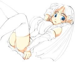 Rule 34 | 1girl, :o, blue eyes, blush, hair ornament, hairpin, long hair, lying, on back, os-tan, panties, pantyshot, sidelocks, simple background, solo, thighhighs, underwear, unfinished, wavy mouth, white background, xp-tan