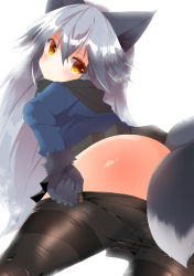 Rule 34 | 10s, 1girl, animal ears, ass, black gloves, black pantyhose, blue jacket, blush, cameltoe, clothes pull, convenient censoring, covering privates, covering ass, fox ears, fox tail, fuuna thise, gloves, jacket, kemono friends, long hair, looking at viewer, pantyhose, pantyhose pull, pleated skirt, silver fox (kemono friends), silver hair, skin tight, skirt, solo, steam, tail, undressing, white background, yellow eyes