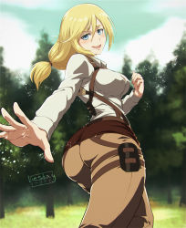 Rule 34 | 1girl, absurdres, ass, blonde hair, blue eyes, blush, breasts, brown pants, fang, highres, krista lenz, large breasts, ledy, looking back, open mouth, pants, ponytail, shingeki no kyojin, shirt, signature, skin fang, smile, solo, tree, white shirt