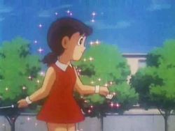 Rule 34 | 1girl, animated, animated gif, ass, blue sky, brown hair, building, doraemon, dress, female focus, holding, legs, lowres, minamoto shizuka, official art, outdoors, panties, profile, red dress, shoes, short dress, short twintails, skirt, sky, sleeveless, sleeveless dress, smile, solo, sparkle, tree, twintails, underwear, white panties