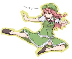 Rule 34 | 1girl, bow, braid, china dress, chinese clothes, dai-oki, dress, female focus, flying kick, hat, hong meiling, immaterial and missing power, kicking, long hair, oekaki, open mouth, red hair, short sleeves, sketch, solo, star (symbol), touhou, twin braids