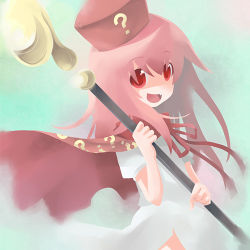 Rule 34 | 1girl, bad id, bad pixiv id, benesse, child, hat, hatena yousei, kintaro, lowres, pink hair, pink hat, red eyes, solo, staff