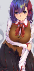 Rule 34 | 1girl, black skirt, blue eyes, breasts, closed mouth, commentary request, fate/stay night, fate (series), grey background, hair between eyes, hair ribbon, highres, homurahara academy school uniform, large breasts, long hair, long sleeves, looking at viewer, matou sakura, purple hair, red ribbon, ribbon, school uniform, short hair, shunga (shun608), skirt, smile, solo
