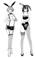 Rule 34 | 2girls, alternate costume, animal ears, bare shoulders, bow, bowtie, breasts, rabbit ears, rabbit tail, cleavage, commentary request, detached collar, fake animal ears, fishnet pantyhose, fishnets, full body, greyscale, hair ornament, hairband, hiro (chumo), kantai collection, large breasts, leotard, looking at viewer, midriff, monochrome, multiple girls, mutsu (kancolle), open mouth, pantyhose, playboy bunny, short hair, smile, standing, strapless, strapless leotard, tail, wrist cuffs, yamashiro (kancolle)
