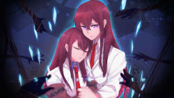 Rule 34 | 1girl, akiya doubao, brown hair, closed mouth, collar, collared shirt, commentary request, copyright name, hair between eyes, hug, jacket, lab coat, long hair, looking at viewer, makise kurisu, necktie, off shoulder, pink eyes, red neckwear, shirt, simple background, steins;gate, strap, upper body, white shirt