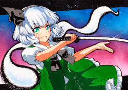 Rule 34 | 1girl, aqua eyes, arms up, bad id, bad pixiv id, black border, black bow, black hairband, black neckwear, blue background, border, bow, ghost, gradient background, green skirt, green vest, hairband, hands up, katana, konpaku youmu, konpaku youmu (ghost), looking at viewer, multicolored background, open mouth, pink background, puffy short sleeves, puffy sleeves, qqqrinkappp, shirt, short hair, short sleeves, skirt, smile, solo, sword, touhou, traditional media, vest, weapon, white hair, white shirt, white sleeves
