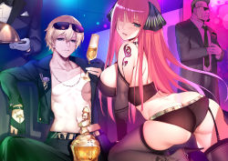 Rule 34 | 1girl, 3boys, alcohol, ass, black ribbon, black thighhighs, blonde hair, blue eyes, bottle, breasts, champagne, champagne flute, choker, commentary request, cup, drinking glass, eyewear on head, go-toubun no hanayome, hair over one eye, hair ribbon, high heels, highres, jewelry, kneeling, kosmos beta, large breasts, long hair, looking at viewer, multiple boys, nakano nino, necklace, red hair, ribbon, short hair, shoulder tattoo, sitting, solo focus, sunglasses, tattoo, thighhighs, uesugi fuutarou