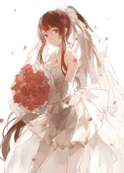 Rule 34 | 10s, 1girl, backlighting, bare shoulders, bouquet, breasts, bridal veil, bride, brown eyes, brown hair, cleavage, dress, elbow gloves, flower, garter straps, gloves, hair flower, hair ornament, hair ribbon, jewelry, kantai collection, light smile, looking at viewer, necklace, nine (liuyuhao1992), pendant, petals, ponytail, red flower, red rose, ribbon, rose, smile, solo, strapless, strapless dress, thighhighs, veil, wedding dress, white background, white thighhighs, yamato (kancolle), zettai ryouiki