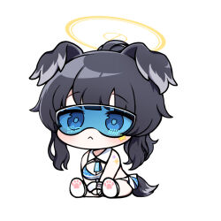 Rule 34 | 1girl, :&lt;, animal ears, bare shoulders, black hair, blue archive, blue eyes, blush, breasts, cheerleader, chibi, closed mouth, commentary request, crop top, dog ears, dog girl, dog tail, goggles, halo, hibiki (blue archive), hibiki (cheer squad) (blue archive), korean commentary, long hair, looking at viewer, medium breasts, millennium cheerleader outfit (blue archive), official alternate costume, partial commentary, paw print, simple background, skirt, solo, star sticker, sticker on arm, sticker on face, sunglasses, tail, white background, yukki bunny