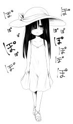 Rule 34 | 1girl, 2channel, child, collarbone, dress, female focus, flat chest, full body, hair over one eye, hasshaku-sama, hat, highres, kurona, long hair, looking at viewer, medium dress, monochrome, open mouth, sandals, solo, standing, sun hat, sundress, toes, aged down