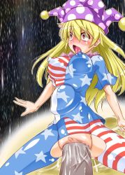 Rule 34 | 1girl, ahegao, american flag legwear, artist request, blonde hair, blush, breasts, censored, clitoris, clothed sex, clownpiece, covered erect nipples, cum, cum in pussy, ears, hat, highres, huge penis, jester cap, large breasts, large insertion, moon, open mouth, penis, pussy, pussy juice, red eyes, sex, space, star (sky), stomach bulge, tears, touhou, vaginal