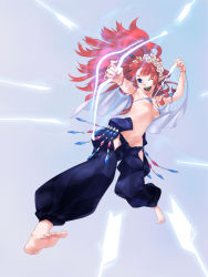 Rule 34 | 1girl, armpits, barefoot, blue eyes, blue hakama, bow, bow (weapon), energy, flower, hakama, hakama skirt, headdress, hip vent, hooko, japanese clothes, long hair, midriff, navel, one eye closed, open mouth, original, pointy ears, ponytail, red hair, revealing clothes, skirt, smile, solo, weapon, wink