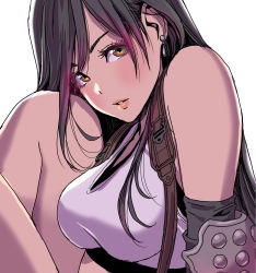 Rule 34 | 1girl, absurdres, armor, bare shoulders, black hair, blush, breasts, brown eyes, commentary request, earrings, elbow pads, final fantasy, final fantasy vii, final fantasy vii remake, gradient hair, highres, jewelry, legs together, lips, long hair, looking at viewer, medium breasts, multicolored hair, parted lips, simple background, sitting, solo, suspenders, tank top, tifa lockhart, white tank top, yamashita shun&#039;ya