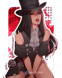 Rule 34 | 1other, absurdres, androgynous, ascot, bare shoulders, black hair, black hat, collar, goth fashion, guilty gear, guilty gear strive, hat, highres, inhoso, long hair, looking at viewer, other focus, red eyes, skull, studded collar, testament (guilty gear), top hat, white ascot