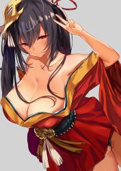 Rule 34 | 1girl, ahoge, azur lane, bare shoulders, black hair, blush, breasts, cleavage, collarbone, feathers, hair between eyes, hair ribbon, hand up, highres, huge breasts, japanese clothes, kimono, large breasts, long hair, looking at viewer, mask, mask on head, obi, off shoulder, okki (studio okki), red eyes, red kimono, ribbon, sash, sidelocks, simple background, smile, solo, striped ribbon, taihou (azur lane), twintails, v, very long hair, wide sleeves