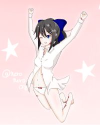 Rule 34 | 1girl, ;d, \o/, absurdres, arms up, bare legs, black hair, blue eyes, bow, bow panties, burn scar, dorei to no seikatsu ~teaching feeling~, dress shirt, gradient background, hair bow, hair ornament, hairclip, highres, jumping, long sleeves, navel, neronero0061, no pants, one eye closed, open clothes, open mouth, open shirt, outstretched arms, panties, pink background, ponytail, scar, shirt, sketch, smile, solo, sylvie (dorei to no seikatsu), underwear, white panties, white shirt
