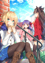 Rule 34 | 3girls, :o, ahoge, arm at side, artoria pendragon (all), artoria pendragon (fate), black bow, black hair, black legwear, black skirt, blue eyes, blue scarf, blue skirt, blush, boots, bow, braid, cardigan, contrail, day, dress, eating, fate/stay night, fate (series), food, french braid, green eyes, hair bow, hair bun, hair ribbon, hand in own hair, hand up, highres, holding, holding food, knee boots, knees together feet apart, light rays, long hair, looking at viewer, matou sakura, miniskirt, multiple girls, official alternate costume, open cardigan, open clothes, outdoors, pantyhose, pleated skirt, purple eyes, purple hair, purple ribbon, railing, red sweater, ribbon, saber (fate), scarf, sidelocks, single hair bun, sitting, skirt, stairs, standing, sunbeam, sunlight, sweater, thighhighs, tohsaka rin, toosaka asagi, two side up, white dress, wind, wind lift, zettai ryouiki
