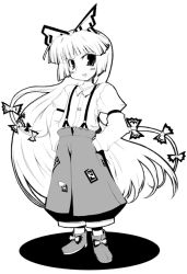 Rule 34 | 1girl, blush stickers, female focus, fujiwara no mokou, greyscale, hand in pocket, long hair, looking at viewer, monochrome, ooide chousuke, open mouth, solo, suspenders, touhou, very long hair