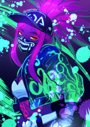Rule 34 | 1girl, akali, baseball cap, belt, black gloves, bodypaint, breasts, cleavage, commentary, cropped jacket, english commentary, fingerless gloves, from side, gloves, green hair, hat, head tilt, idol, jacket, k/da (league of legends), k/da akali, league of legends, long hair, long sleeves, looking at viewer, makeup, mask, md5 mismatch, meilynn-hayakan, midriff, multicolored hair, open clothes, open jacket, paint splatter, parted bangs, ponytail, purple background, purple hair, resolution mismatch, sidelocks, solo, source smaller, streaked hair, twitter username, ultraviolet light, upper body, yellow eyes