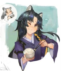 Rule 34 | 1girl, animal ear fluff, animal ears, arknights, black hair, blue picmi, blush, bowl, brown eyes, chopsticks, closed mouth, commentary request, cropped torso, flying sweatdrops, food, food on face, forehead, head tilt, highres, holding, holding bowl, holding chopsticks, japanese clothes, kimono, long hair, long sleeves, one eye closed, parted bangs, purple kimono, rice, rice bowl, rice on face, saga (arknights), upper body, very long hair, wide sleeves