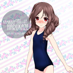 Rule 34 | 1girl, alternate breast size, artist name, blue one-piece swimsuit, blush, brown hair, character name, collarbone, commentary request, cowboy shot, drill hair, eyes visible through hair, flat chest, floral background, hair between eyes, harukaze (kancolle), inaba shiki, kantai collection, long hair, looking at viewer, nose blush, old school swimsuit, one-hour drawing challenge, one-piece swimsuit, red eyes, school swimsuit, solo, swimsuit, twin drills