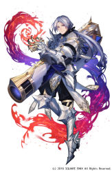 Rule 34 | 1boy, armor, armored boots, blue eyes, boots, cannon, copyright notice, energy, full body, gauntlets, grey hair, grimms notes, knight of the silver moon (grimms notes), kyouka hatori, long hair, male focus, official art, ponytail, simple background, smile, solo, weapon, white background