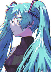 Rule 34 | 1girl, absurdres, aqua eyes, aqua hair, bare shoulders, bespectacled, black sweater, commentary, gami (gami37260414), glasses, hair ornament, hatsune miku, highres, huge filesize, long hair, looking away, parted lips, ribbed sweater, sleeveless, sleeveless sweater, solo, sweater, turtleneck, turtleneck sweater, twintails, upper body, vocaloid, white background