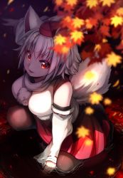 Rule 34 | 1girl, animal ears, autumn leaves, bare shoulders, black skirt, breasts, detached sleeves, hat, highres, hukin ame, inubashiri momiji, large breasts, leaf, looking up, medium skirt, multicolored clothes, multicolored skirt, open mouth, pom pom (clothes), red eyes, red skirt, ribbon-trimmed sleeves, ribbon trim, shirt, short hair, silver hair, skirt, solo, tail, tokin hat, touhou, turtleneck, water, white shirt, wide sleeves, wolf ears, wolf tail