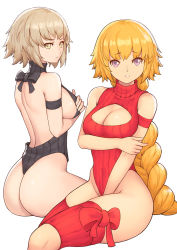 Rule 34 | 2girls, alternate costume, arm strap, ass, back, bare back, bare hips, bare shoulders, between legs, black bow, black leotard, blonde hair, bow, braid, breast hold, breasts, brown hair, cleavage, cleavage cutout, closed mouth, clothing cutout, commentary request, fate/grand order, fate (series), hand between legs, hand on own arm, hand on own chest, heattech leotard, highleg, highleg leotard, jeanne d&#039;arc (fate), jeanne d&#039;arc (ruler) (fate), jeanne d&#039;arc alter (avenger) (fate), jeanne d&#039;arc alter (fate), knee cutout, large breasts, leotard, light brown hair, long hair, looking at viewer, multiple girls, parted lips, purple eyes, red bow, red legwear, red leotard, short hair, sideboob, simple background, single braid, sitting, skindentation, thighhighs, tsuki suigetsu, turtleneck, v-shaped eyebrows, very long hair, white background