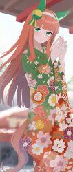 Rule 34 | 1girl, absurdres, anima miko, blunt bangs, blurry, blurry background, blush, ceiling, closed mouth, day, feet out of frame, floral print, green eyes, headband, highres, horse girl, japanese clothes, kimono, light particles, long hair, long sleeves, orange hair, orange kimono, outdoors, own hands together, print kimono, sidelocks, silence suzuka (umamusume), smile, solo, standing, umamusume, white headband, wide sleeves