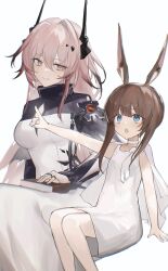 2girls 2naom8q6gt87292 :o absurdres amiya_(arknights) amiya_(young)_(arknights) animal_ears arknights arm_up bare_arms bare_shoulders black_dress black_horns blue_eyes book brown_hair cape choker chromatic_aberration closed_mouth commentary dress highres horns invisible_chair jewelry long_hair looking_at_viewer looking_up multiple_girls open_mouth outstretched_arm pink_eyes pink_hair pointing pointing_up rabbit_ears rabbit_girl ring short_dress short_hair_with_long_locks sidelocks simple_background sitting sleeveless sleeveless_dress smile theresa_(arknights) white_background white_cape white_choker white_dress