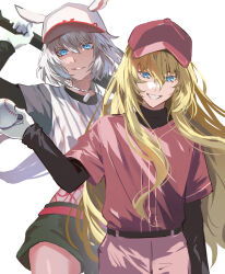Rule 34 | 1boy, 1girl, animal ears, arm at side, arm up, ball, baseball, baseball bat, baseball cap, baseball uniform, belt, black belt, black shirt, black shorts, blonde hair, blue eyes, body markings, caenis (fate), choker, cowboy shot, cropped shirt, dark-skinned female, dark skin, dog tags, fate/grand order, fate (series), gloves, grin, hair between eyes, hand up, hat, highres, holding, holding ball, holding baseball bat, horse ears, kirschtaria wodime, kirschtaria wodime (grail league) (fate), layered shirt, long hair, long sleeves, looking at viewer, official alternate costume, pants, parted lips, pink pants, ponytail, poppoman, red belt, red headwear, red shirt, shirt, short sleeves, shorts, simple background, smile, sportswear, striped clothes, striped shirt, turtleneck, vertical-striped clothes, vertical-striped shirt, white background, white gloves, white hair, white headwear, white shirt