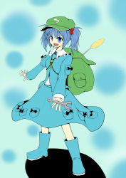Rule 34 | 1girl, backpack, bag, blue eyes, blue hair, cattail, female focus, hair bobbles, hair ornament, hat, highres, hikoooki, kawashiro nitori, key, matching hair/eyes, open mouth, plant, randoseru, short hair, smile, solo, standing, touhou, twintails, two side up, wrench
