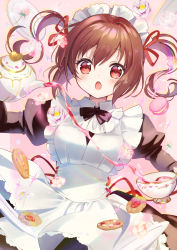Rule 34 | 1girl, :o, apron, blush, bow, bowtie, brown hair, cookie, cup, diffraction spikes, flower, food, frills, hair between eyes, hair intakes, highres, long hair, long sleeves, looking at viewer, maid, maid headdress, open mouth, original, pink background, pouring, puffy sleeves, red eyes, sakuro, saucer, simple background, solo, surprised, tea, teacup, teapot, twintails, upper body