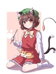 Rule 34 | 1girl, :/, :3, animal ear fluff, animal ears, arm at side, arm up, bobby socks, bow, bowtie, breasts, brown eyes, brown hair, cat, cat ears, cat tail, cat teaser, chen, closed mouth, commentary, crossed bangs, earrings, frills, full body, gold trim, green hat, hair between eyes, hand up, hat, highres, hihi (cvwv4322), jewelry, light blush, long sleeves, looking at viewer, mob cap, multiple tails, nekomata, paw print, petticoat, pink background, playing, red skirt, red vest, short hair, simple background, single earring, sitting, skirt, skirt set, slit pupils, small breasts, socks, solo, tail, touhou, two tails, vest, wariza, white background, white bow, white bowtie, white socks