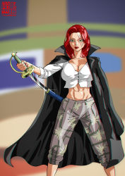 Rule 34 | 1girl, abs, amputee, breasts, cape, female focus, genderswap, genderswap (mtf), highres, large breasts, lips, lipstick, looking at viewer, makeup, muscular, muscular female, one piece, pirate, scar, shanks (one piece), short hair, solo, sword, threatening, weapon, yellow eyes