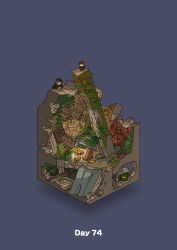 Rule 34 | absurdres, bitten, blue background, campfire, commentary request, diorama, food, fruit, gozz, highres, isometric, monkey, mural, nest, night, original, overgrown, ruins