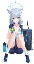 Rule 34 | 1girl, absurdres, animal ears, ass, bag, bike shorts, biker clothes, blue archive, blue eyes, bottle, breasts, cat ears, cryturtle, earrings, grey hair, gun, hair ornament, hairclip, halo, highres, jewelry, looking at viewer, medium breasts, medium hair, shiroko (blue archive), shoes, sitting, sneakers, socks, solo, water bottle, weapon, white socks