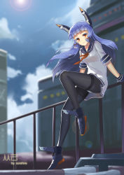 Rule 34 | 10s, 1girl, absurdres, against railing, arm support, artist name, black pantyhose, blue gloves, blue hair, blue sky, blunt bangs, blurry, blush, closed mouth, cloud, colored eyelashes, day, depth of field, dress, floating hair, from below, full body, gloves, hair ribbon, headgear, highres, kantai collection, leaning back, leg up, lens flare, light smile, long hair, looking at viewer, looking down, murakumo (kancolle), outdoors, panties, panties over pantyhose, pantyhose, railing, ribbon, sailor dress, shade, ship, shoes, short dress, short eyebrows, short sleeves, sky, solo, striped clothes, striped panties, sun, sunshine (1638509769), thighband pantyhose, tress ribbon, underwear, upskirt, watercraft, white dress, wind