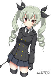 Rule 34 | 10s, 1girl, anchovy (girls und panzer), black gloves, black jacket, black necktie, black ribbon, black thighhighs, blue skirt, blush, collarbone, dated, flipper, girls und panzer, gloves, green hair, hair between eyes, hair ribbon, jacket, jin akhr, long hair, long sleeves, necktie, parted lips, pleated skirt, red eyes, ribbon, riding crop, ringlets, shirt, sidelocks, simple background, skindentation, skirt, solo, thighhighs, twintails, twitter username, very long hair, white background, white shirt