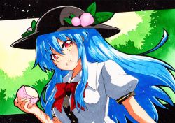 Rule 34 | 1girl, apron, bad id, bad twitter id, black hat, blouse, blue hair, bow, buttons, collared shirt, frills, green background, hat, hinanawi tenshi, long hair, neck ribbon, puffy short sleeves, puffy sleeves, qqqrinkappp, red bow, red eyes, ribbon, shirt, short sleeves, solo, touhou, traditional media, white shirt, wing collar