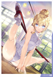 Rule 34 | 1girl, absurdres, artbook, artist name, ballerina, ballet slippers, blonde hair, blue eyes, contortion, copyright name, crotch, dress, flexible, from below, full body, groin tendon, highres, indoors, legs, looking at viewer, mirror, original, page number, panties, satsuki misuzu, scan, solo, stretching, thighs, underwear, white dress, white panties