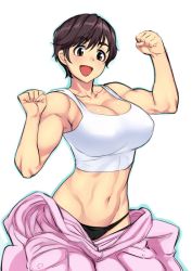 Rule 34 | 10s, 1girl, :d, abs, breasts, brown eyes, cameltoe, cleavage, covered erect nipples, female focus, highres, idolmaster, idolmaster cinderella girls, large breasts, midriff, muscular, muscular female, navel, oikawa shizuku, oku (okumen), open mouth, overalls, panties, short hair, simple background, smile, solo, tank top, toned, underwear