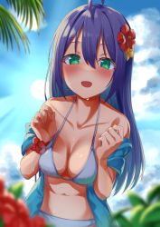 Rule 34 | ahoge, bikini, blue jacket, blue sky, blush, breast press, breasts, cleavage, cloud, collarbone, commentary, flower, green eyes, hair between eyes, hair flower, hair ornament, half-closed eyes, hands up, highres, idolmaster, idolmaster million live!, jacket, kuro kinkan, long hair, looking at viewer, medium breasts, mochizuki anna, navel, open clothes, open jacket, open mouth, outdoors, plant, red flower, scrunchie, sky, sleeves rolled up, smile, solo, stomach, sun, swimsuit, wet, white bikini, wrist scrunchie