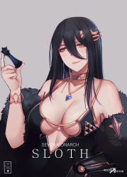 Rule 34 | 1girl, absurdres, artist name, bad id, bad pixiv id, bare shoulders, black dress, black hair, breasts, coat, dress, fur-trimmed coat, fur trim, gold trim, grey background, hair between eyes, highres, holding chess piece, long hair, looking at viewer, mechanical arms, medium breasts, milephunter, original, prosthesis, prosthetic arm, simple background, single mechanical arm, solo, upper body, yellow eyes