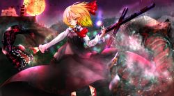 Rule 34 | 1girl, bad id, bad pixiv id, blonde hair, blood, blood on clothes, blood on face, building, cross, darkness, full moon, hair ribbon, monster, moon, night, nolvi, red eyes, ribbon, rumia, shirt, short hair, skirt, touhou, vest