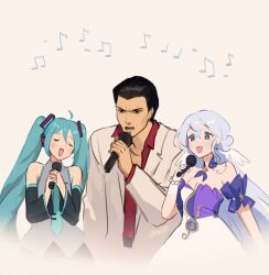 Rule 34 | 1boy, 2girls, ahoge, bare shoulders, black hair, blue hair, closed eyes, collared shirt, commentary, crossover, detached sleeves, dress, english commentary, green eyes, green hair, green necktie, grey shirt, hair between eyes, hatsune miku, head wings, highres, holding, holding microphone, honkai: star rail, honkai (series), jacket, kiryu kazuma, long hair, long sleeves, microphone, multiple girls, music, musical note, necktie, open mouth, red shirt, robin (honkai: star rail), ryuu ga gotoku (series), shirt, simple background, singing, sleeveless, sleeveless shirt, twintails, vocaloid, wernope, white dress, white jacket, white wings, wings
