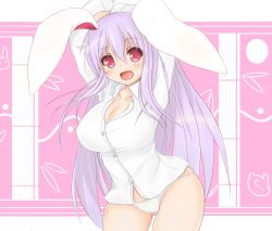 Rule 34 | 1girl, alternate costume, animal ears, arms up, breasts, rabbit ears, cleavage, collarbone, large breasts, long hair, long sleeves, looking at viewer, no pants, open mouth, panties, pink eyes, purple hair, reisen udongein inaba, shirt, skindentation, smile, solo, sprout (33510539), touhou, underwear, very long hair, white panties