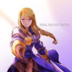 Rule 34 | 1girl, agrias oaks, armor, black (dragon festival), blonde hair, braid, breastplate, final fantasy, final fantasy tactics, looking at viewer, shoulder armor, solo, sword, weapon, yellow eyes